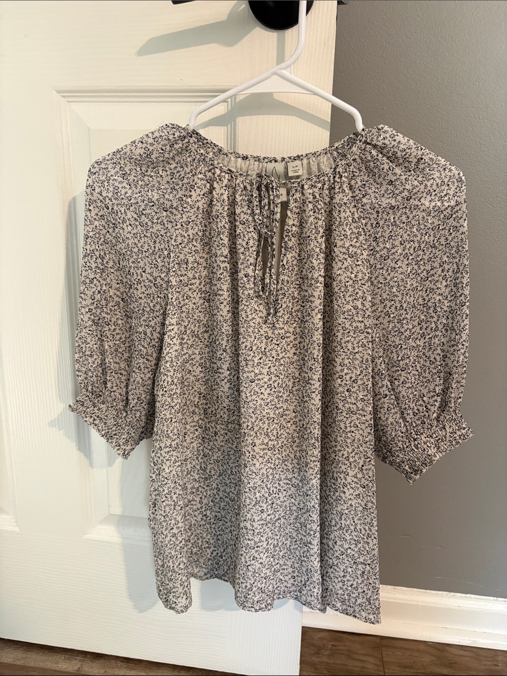 Floral Cream Peasant Blouse with Tie-Neck